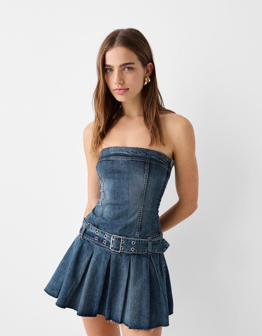 Denim bandeau mini dress with belt-Light blue