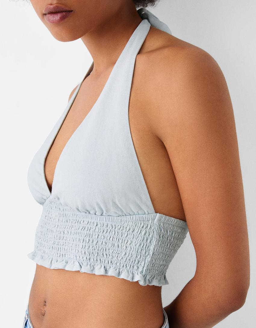 Crop top encolure américaine avec lin-Bleu clair-5