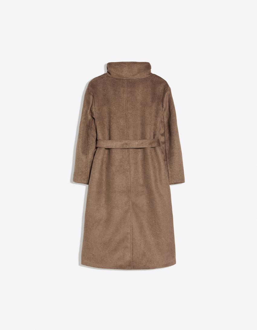 Long funnel neck belted coat-Sand
