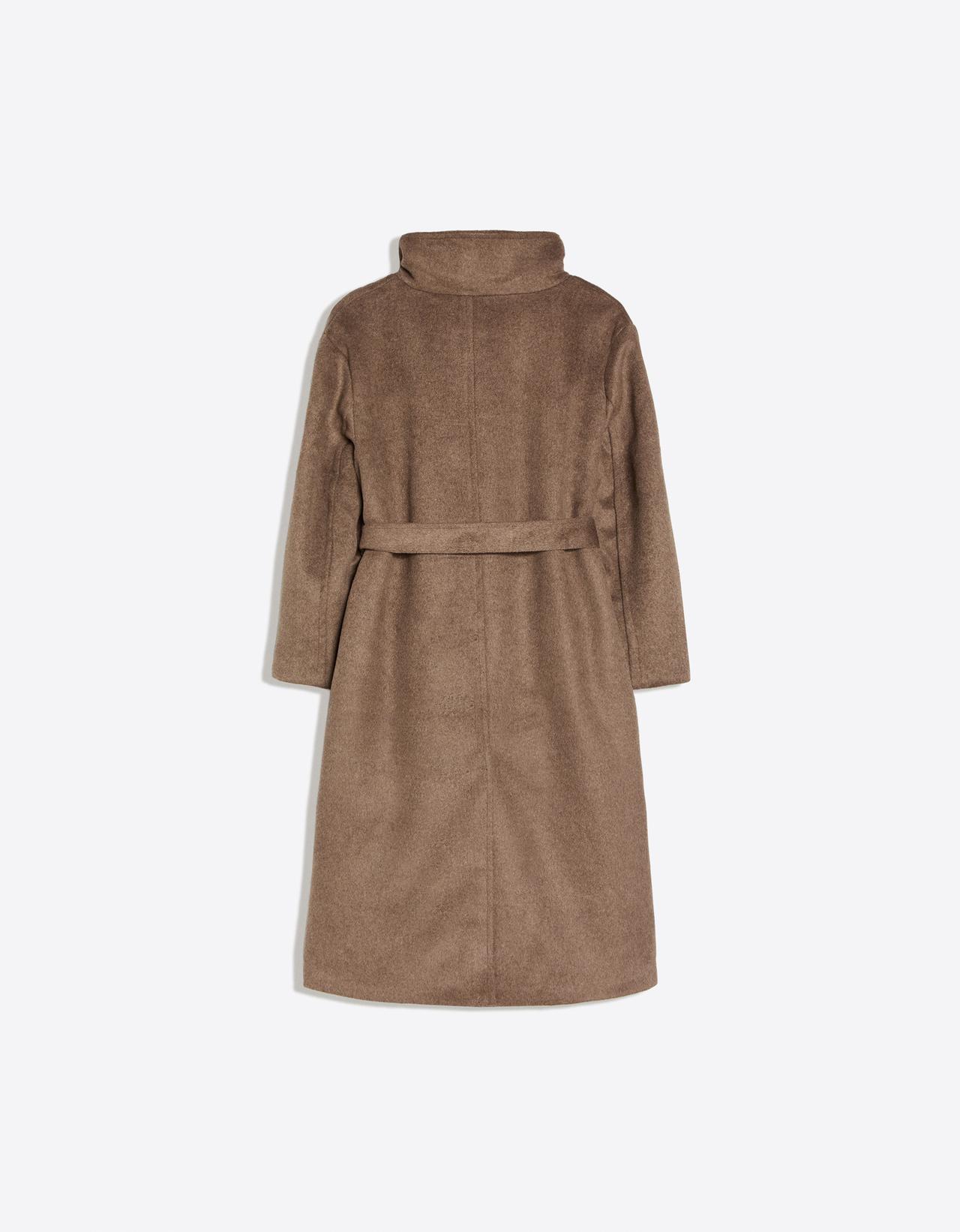 Long funnel neck coat with belt — Sand