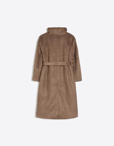 Long funnel neck coat with belt — Sand 7