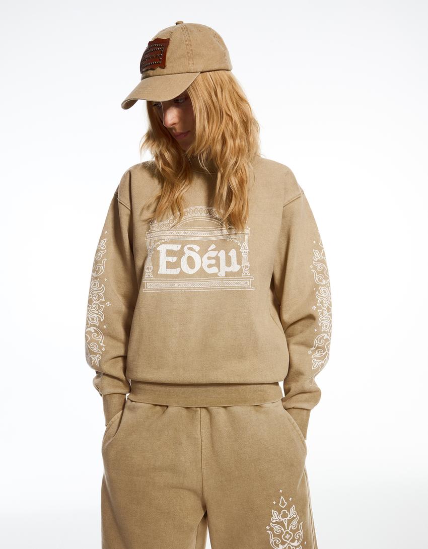 ARIES X BERSHKA Yıkanmış Görünümlü Sweatshirt-Deve tüyü rengi