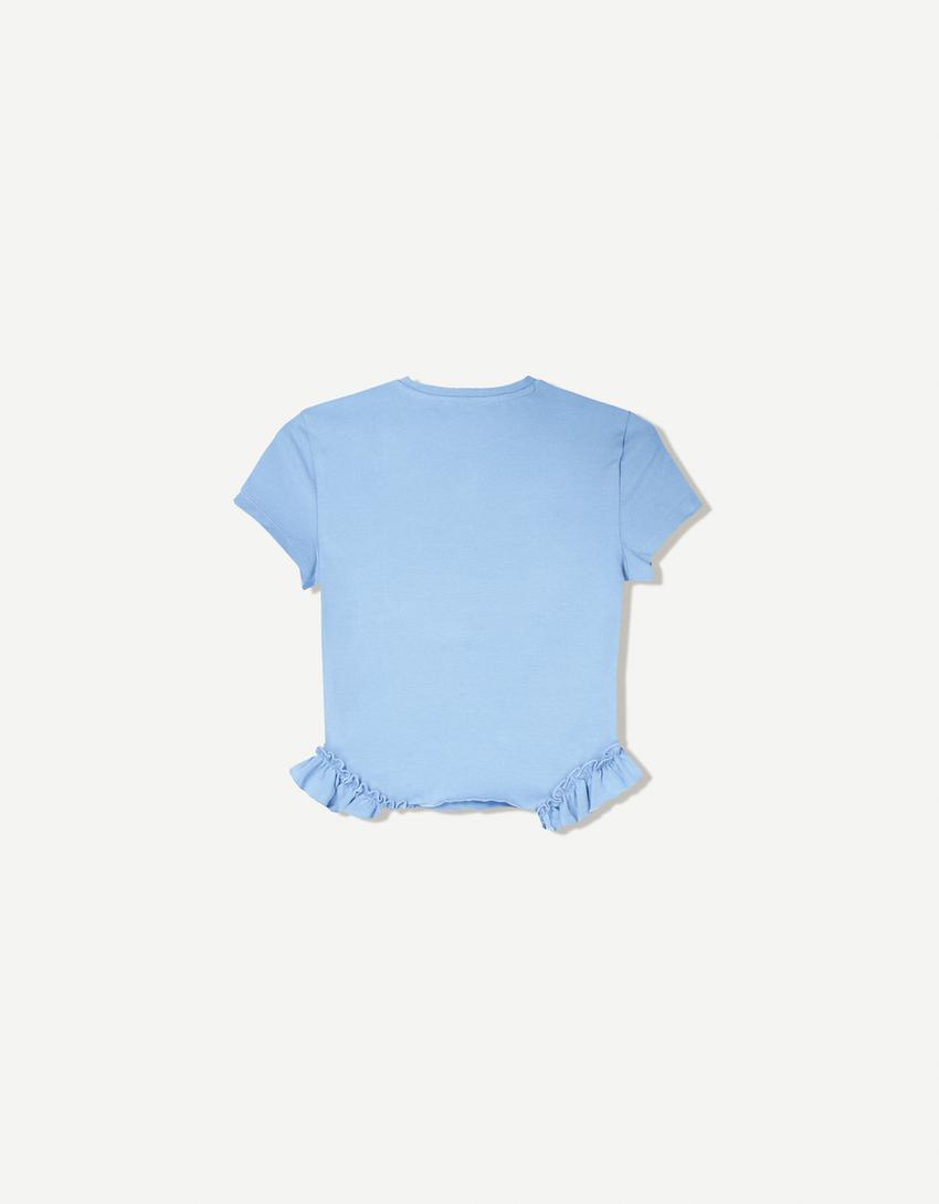 Printed short sleeve T-shirt with ruffles-Blue