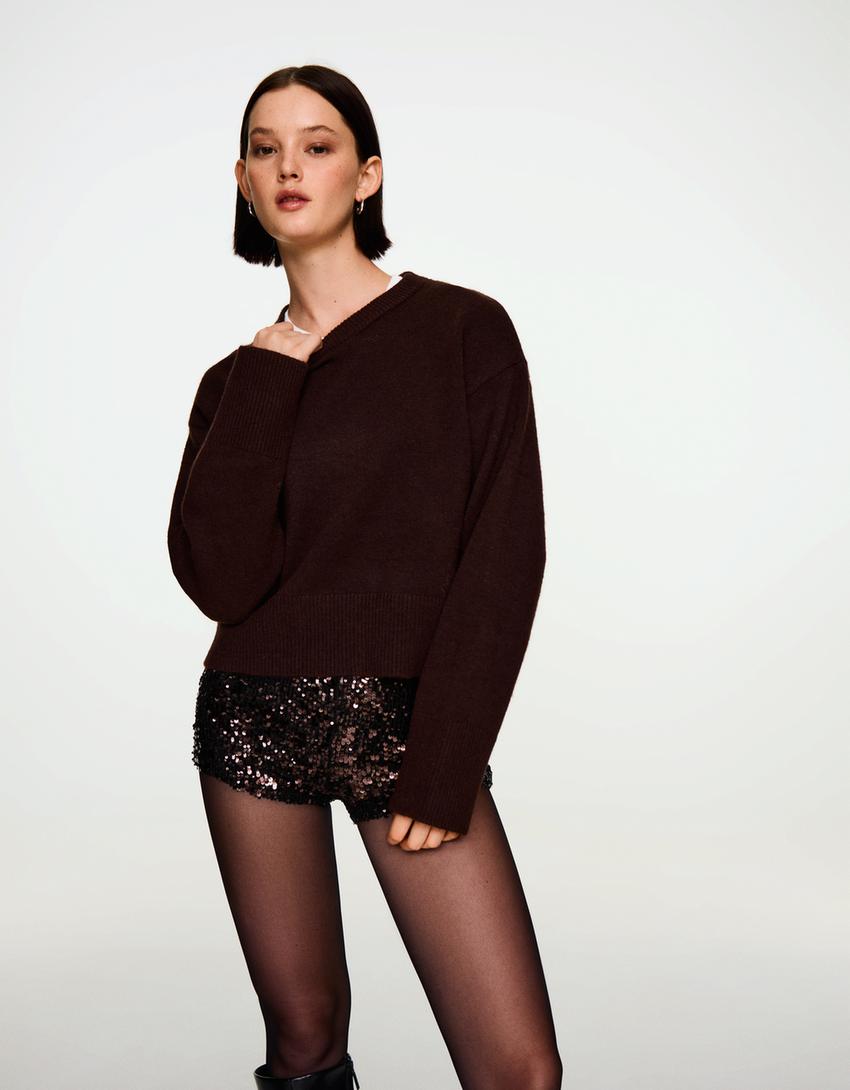 Short mini com lantejoulas-Marrom