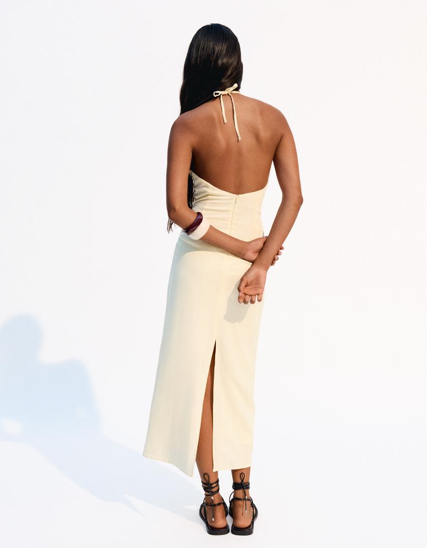 Vestido midi halter lazada con lino-Amarillo-2