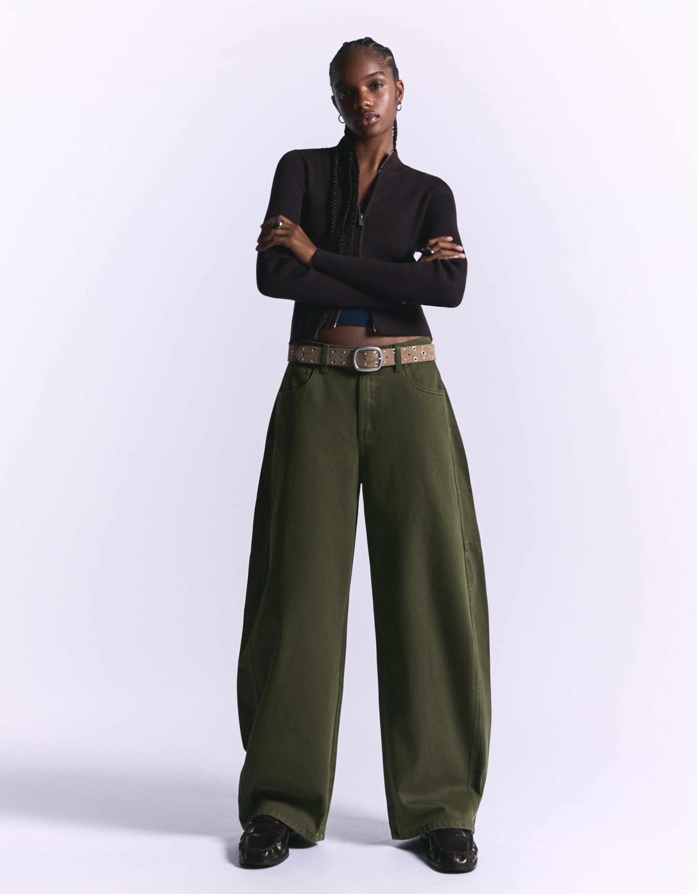 Bershka Barrel Hose Damen 38 Khaki