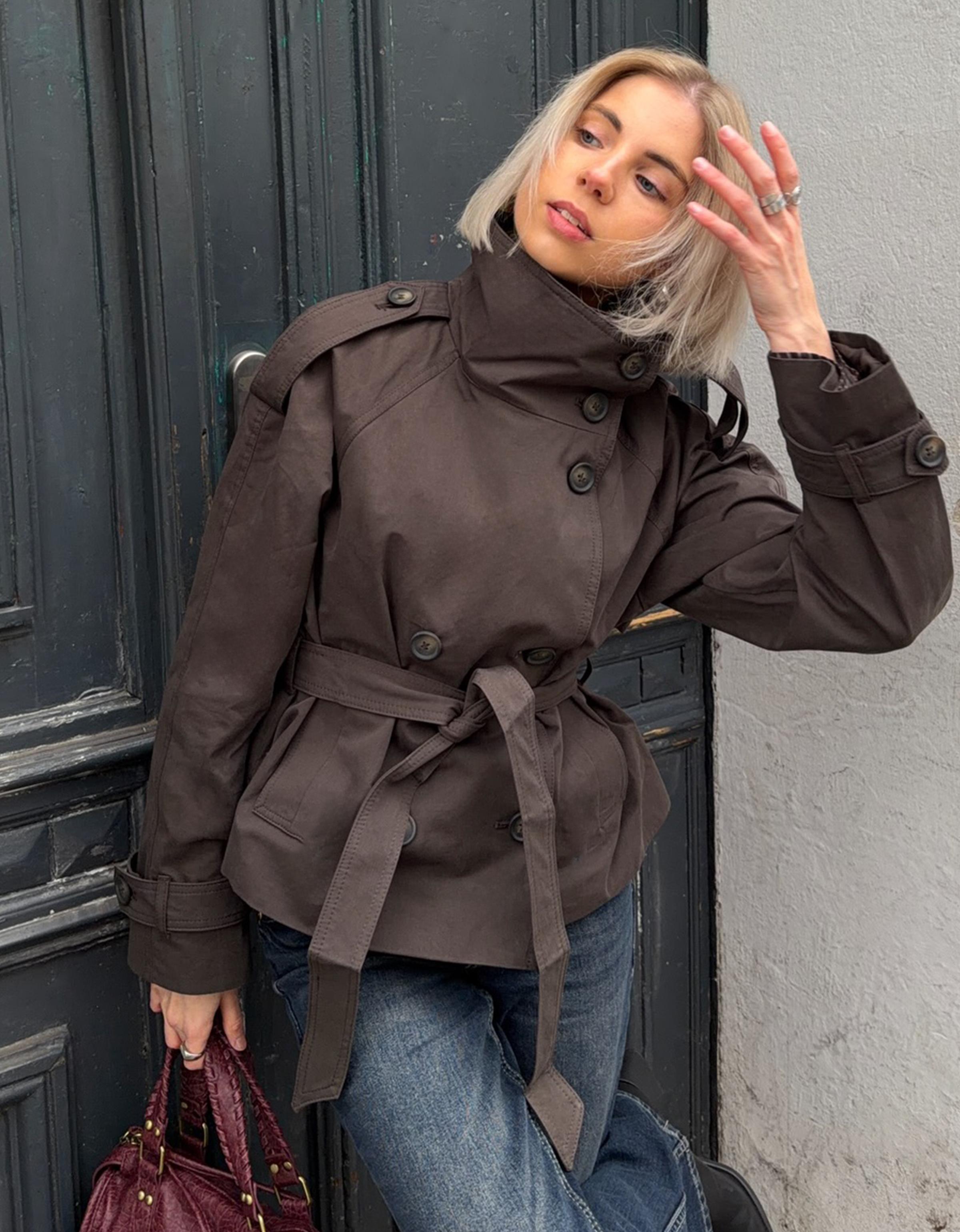 Funnel neck trench jacket — Brown