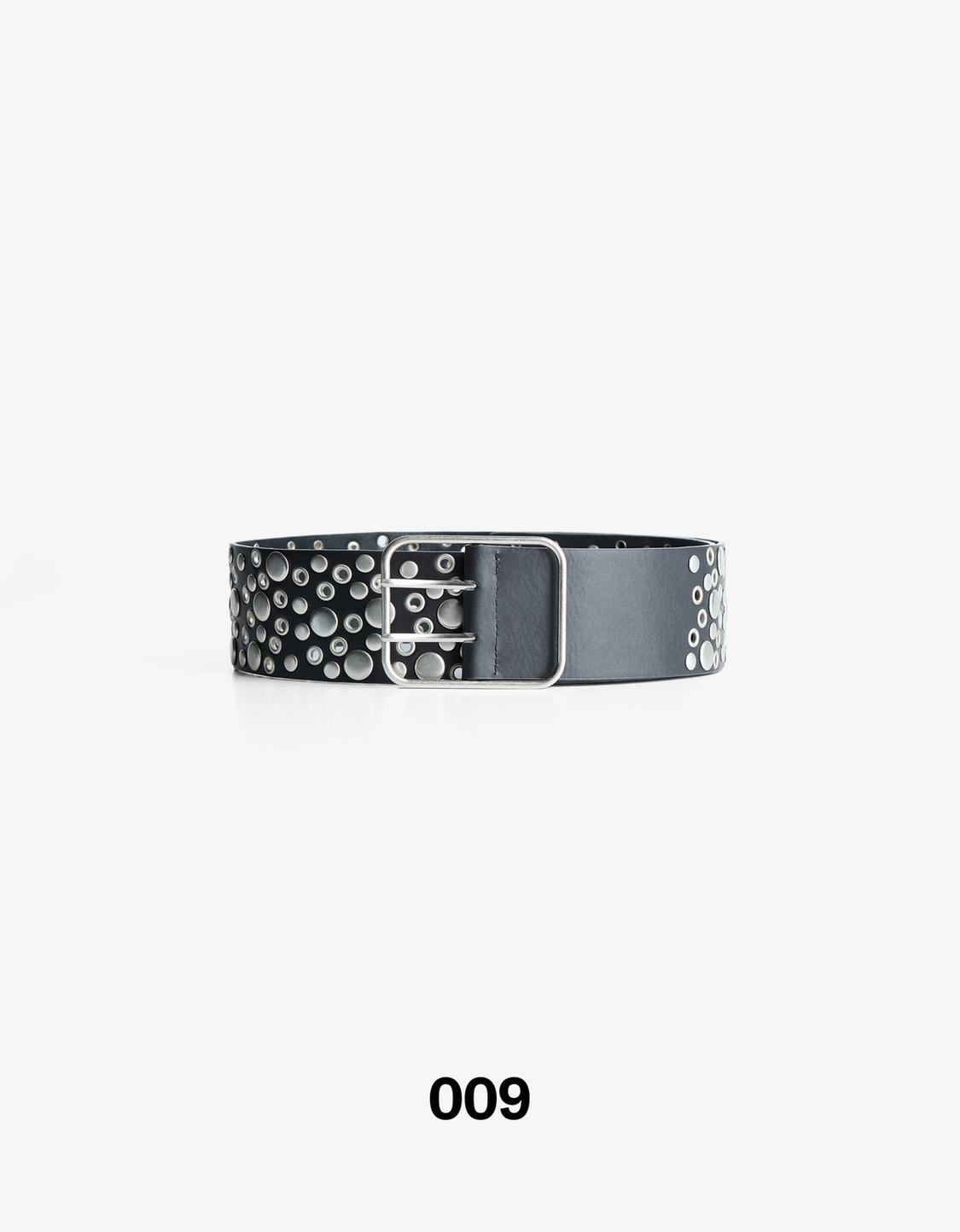 Wide leather effect belt with studs