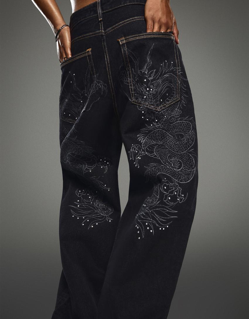 Jeans baggy fit com estampa a laser EDIÇÃO LIMITADA-Cinzento-escuro