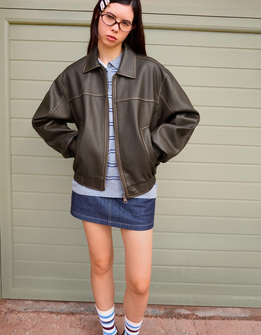 Oversized jack met leereffect-Bruin