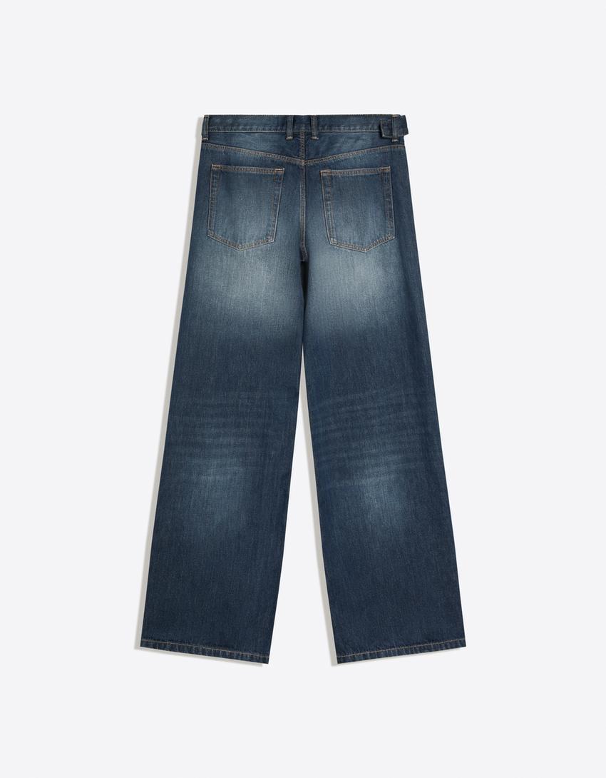 Jean straight taille basse à boutons latéraux-Bleu foncé