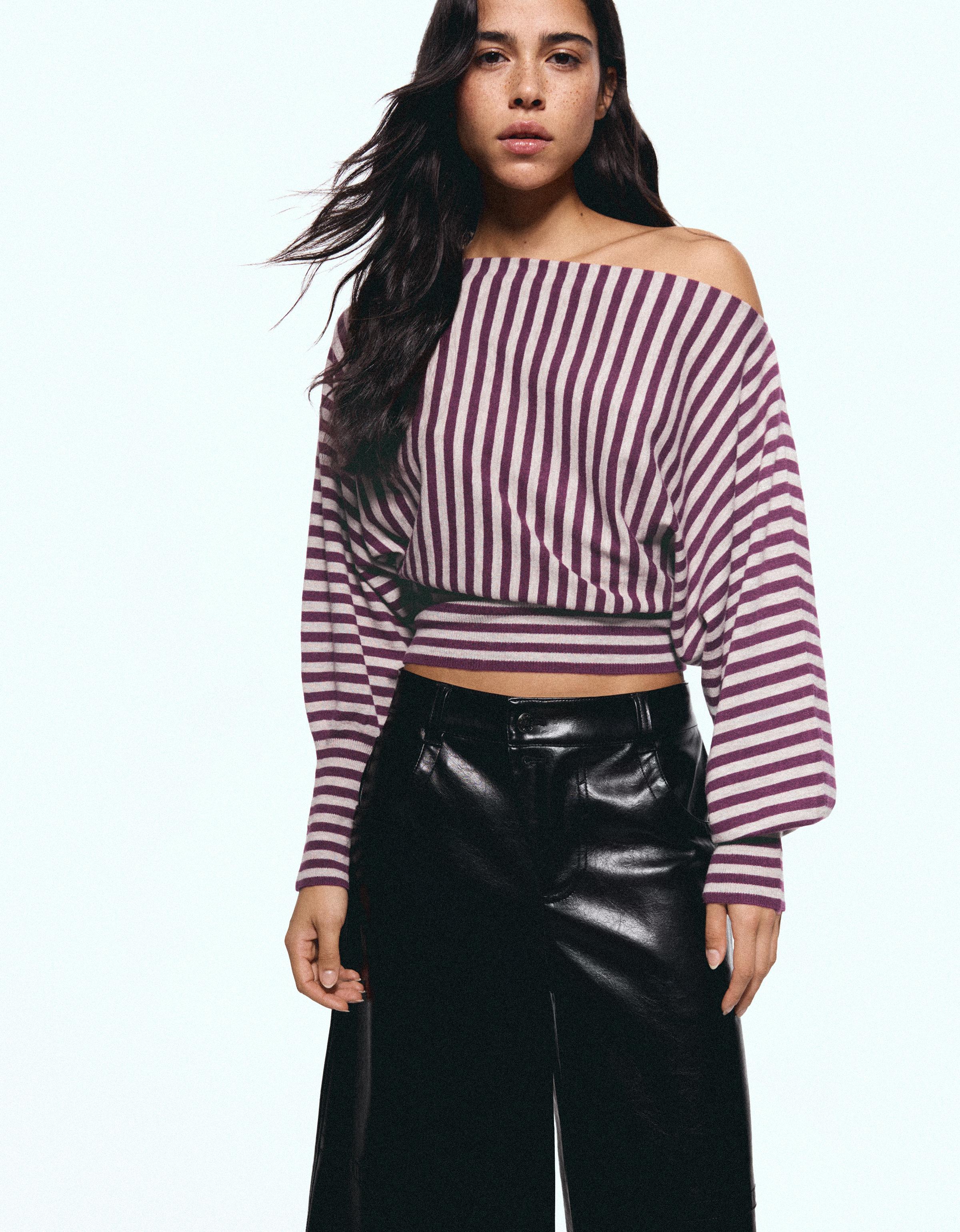 Bershka Jersey Cuello Asimétrico Rayas Mujer L Burdeos
