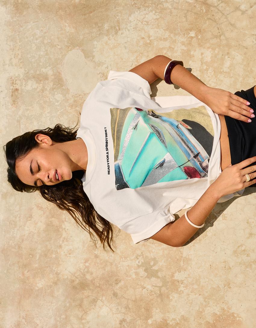 T-shirt met print en korte mouw-Gebroken Wit-0