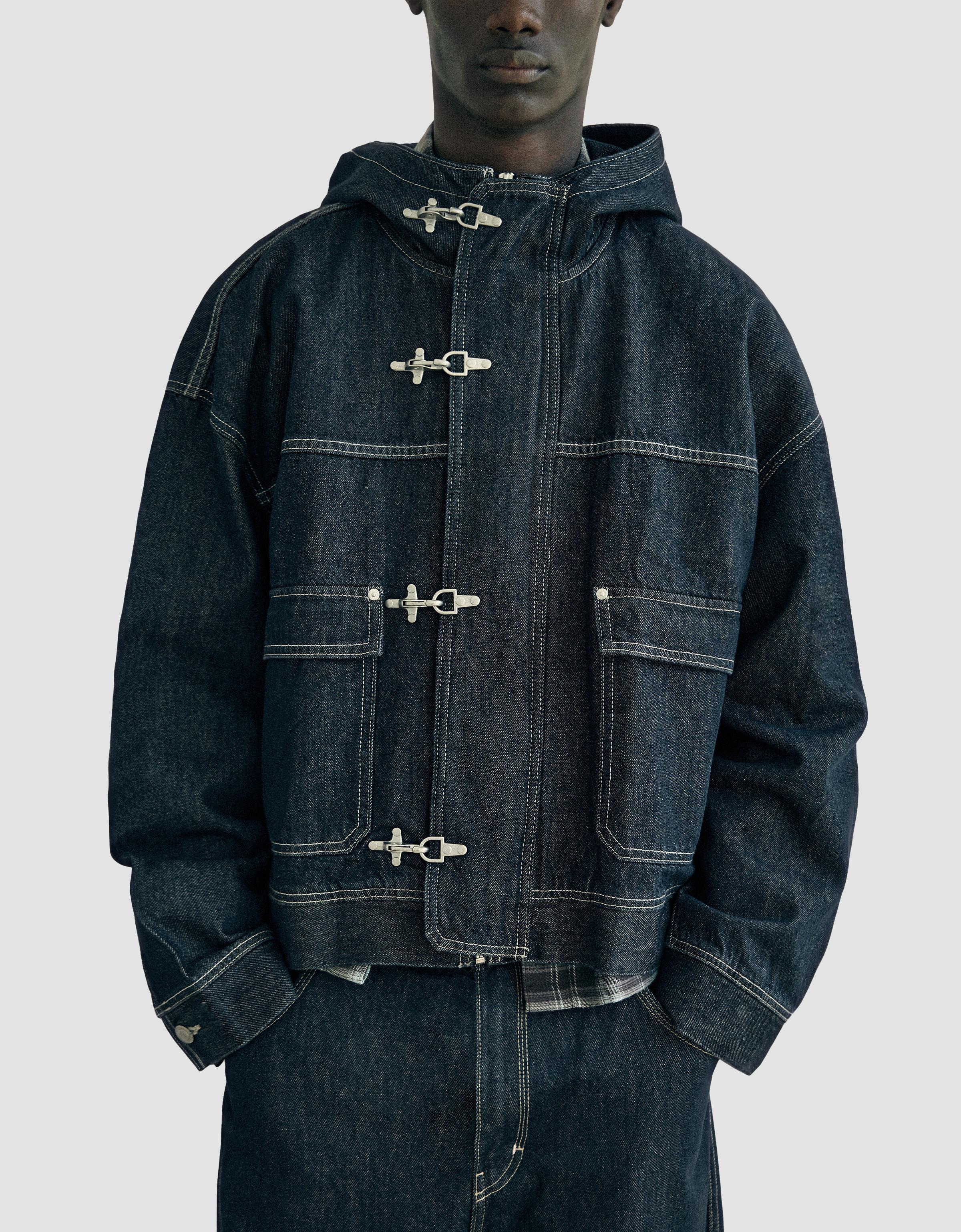 Denim jacket with hood and clasps — Navy