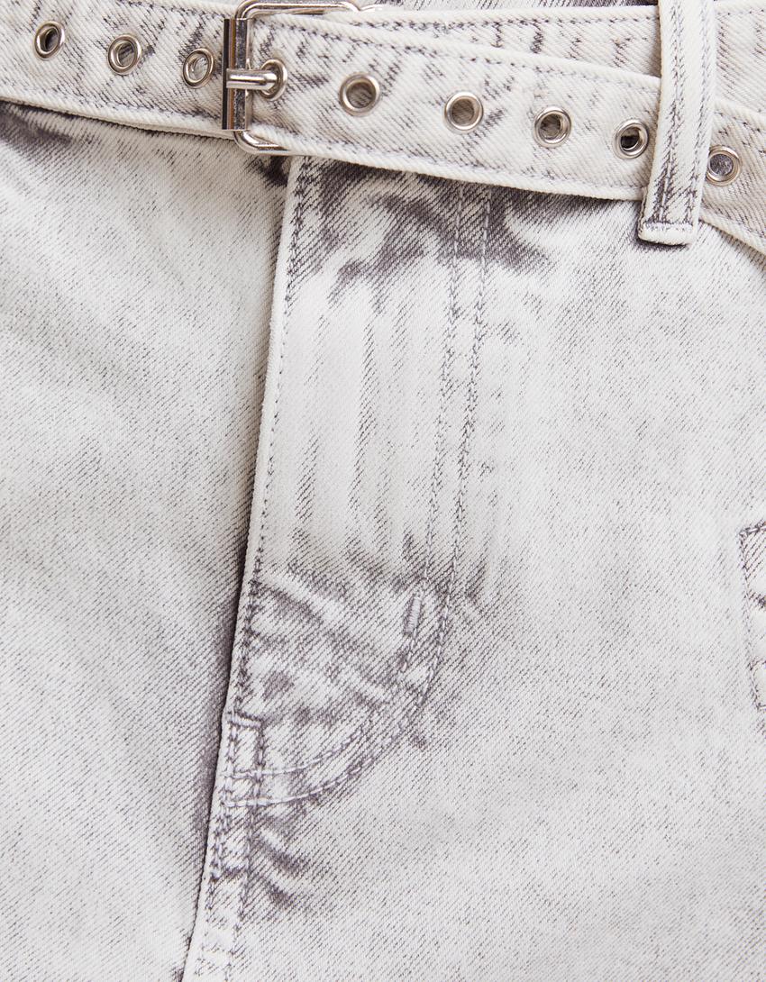 Belted twill cargo mini skirt-White