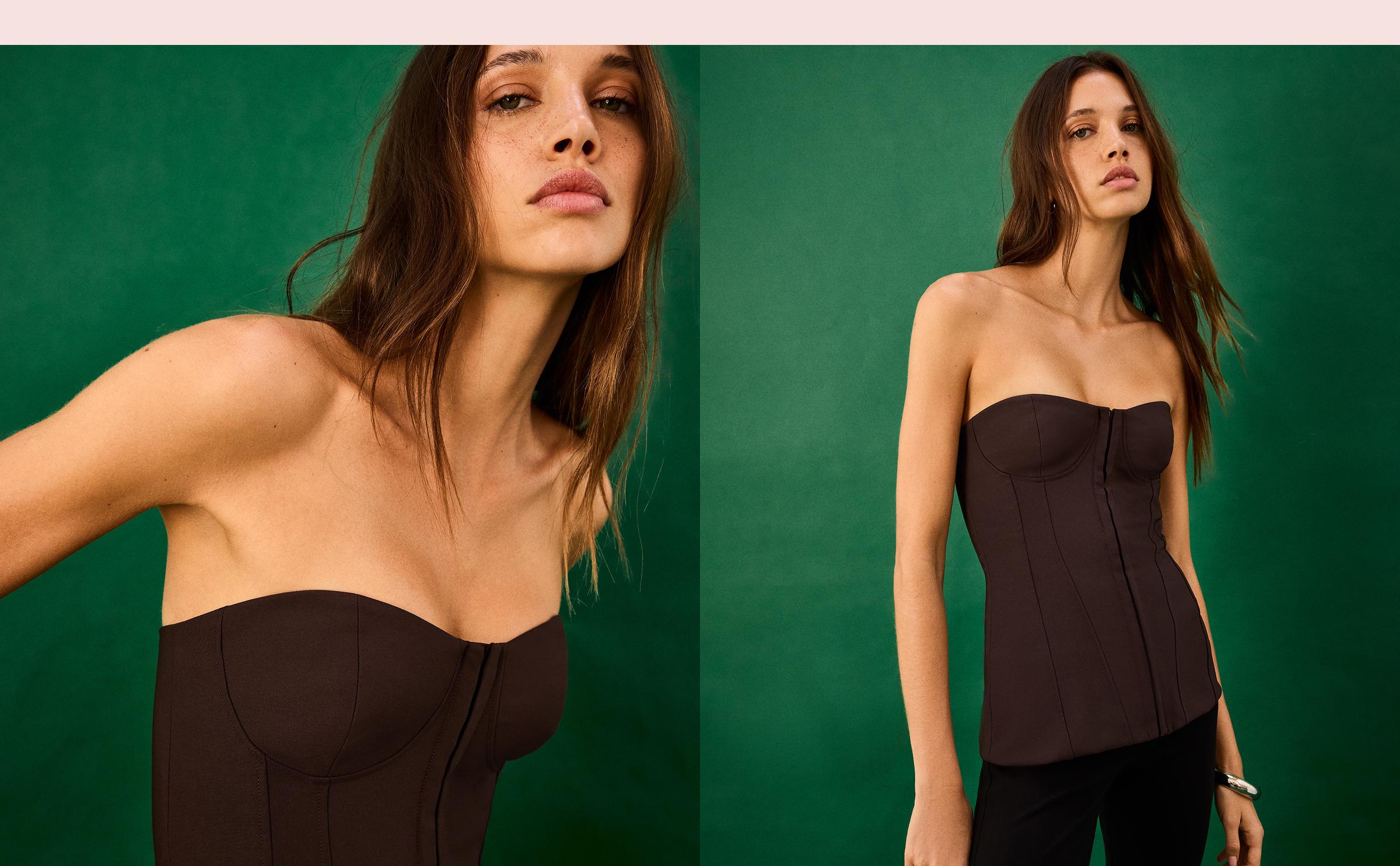 Hook-fastening corset bandeau top — Brown