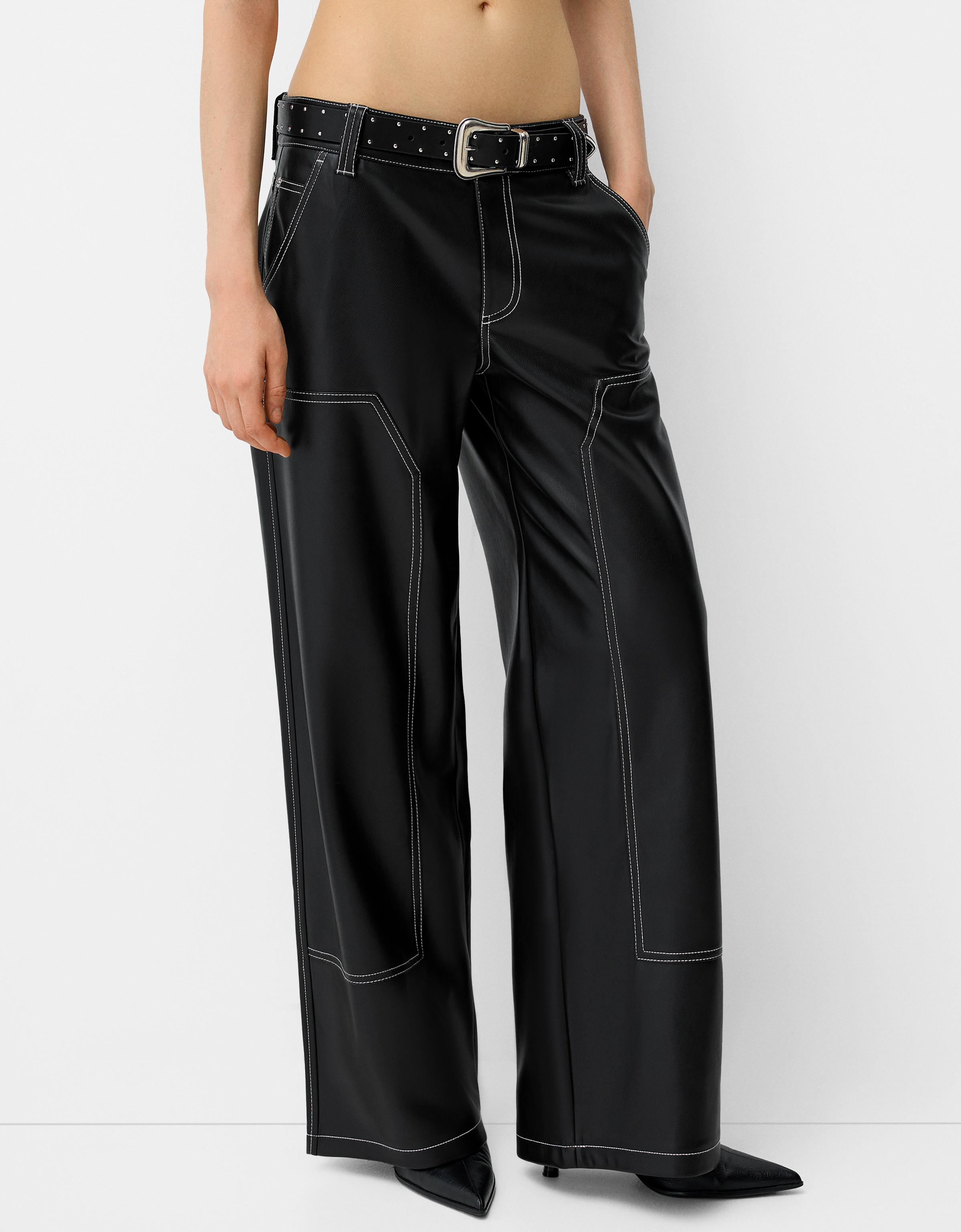 Bershka Hose Aus Kunstleder Mit Kontrast Und Gürtel Damen 44 Schwarz