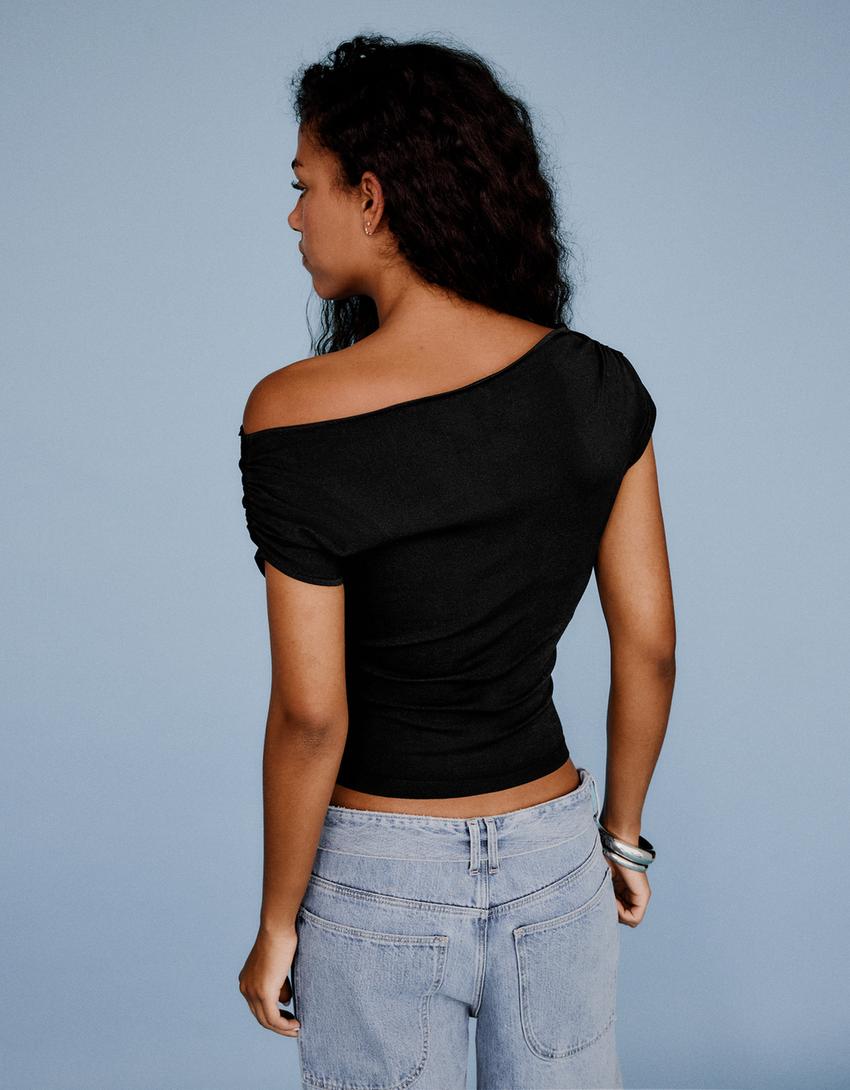 Asymmetrisch T-shirt met riem-Zwart