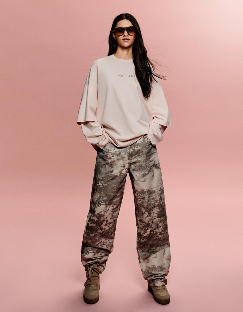 Baskılı ve çift kollu t-shirt-Pembe-2