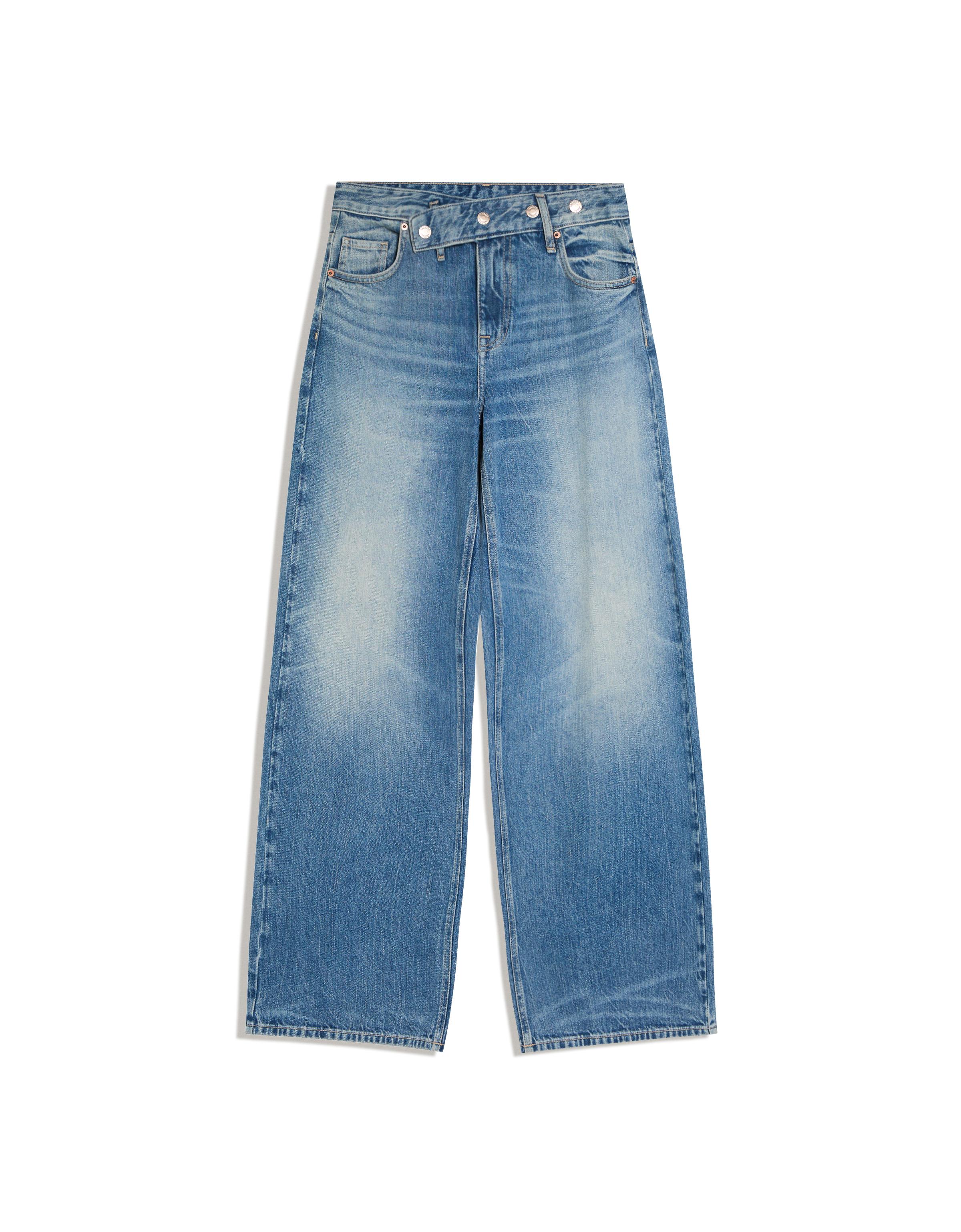 Low-rise straight-leg jeans with crossover waist — Light blue