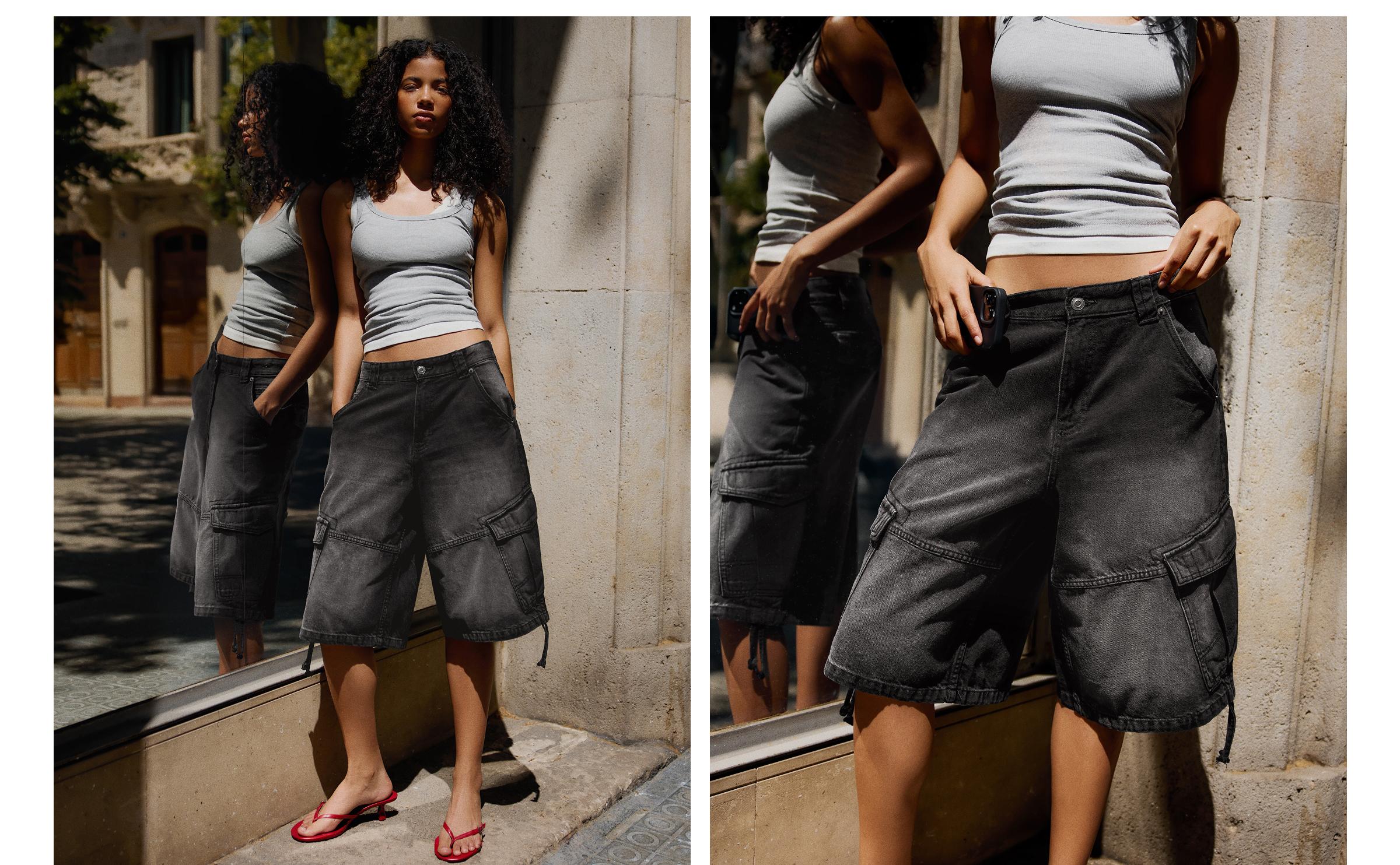 Denim cargo parachute Bermuda shorts — Black