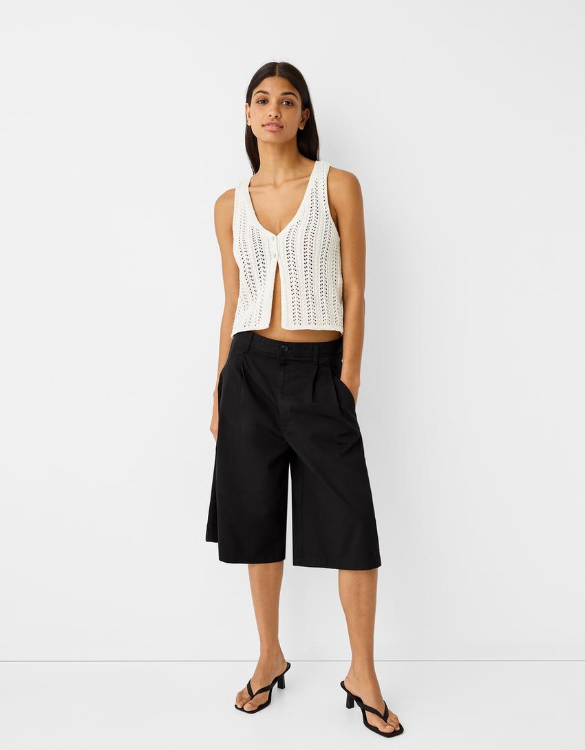 Bermuda wide coton plis devant-Noir-3