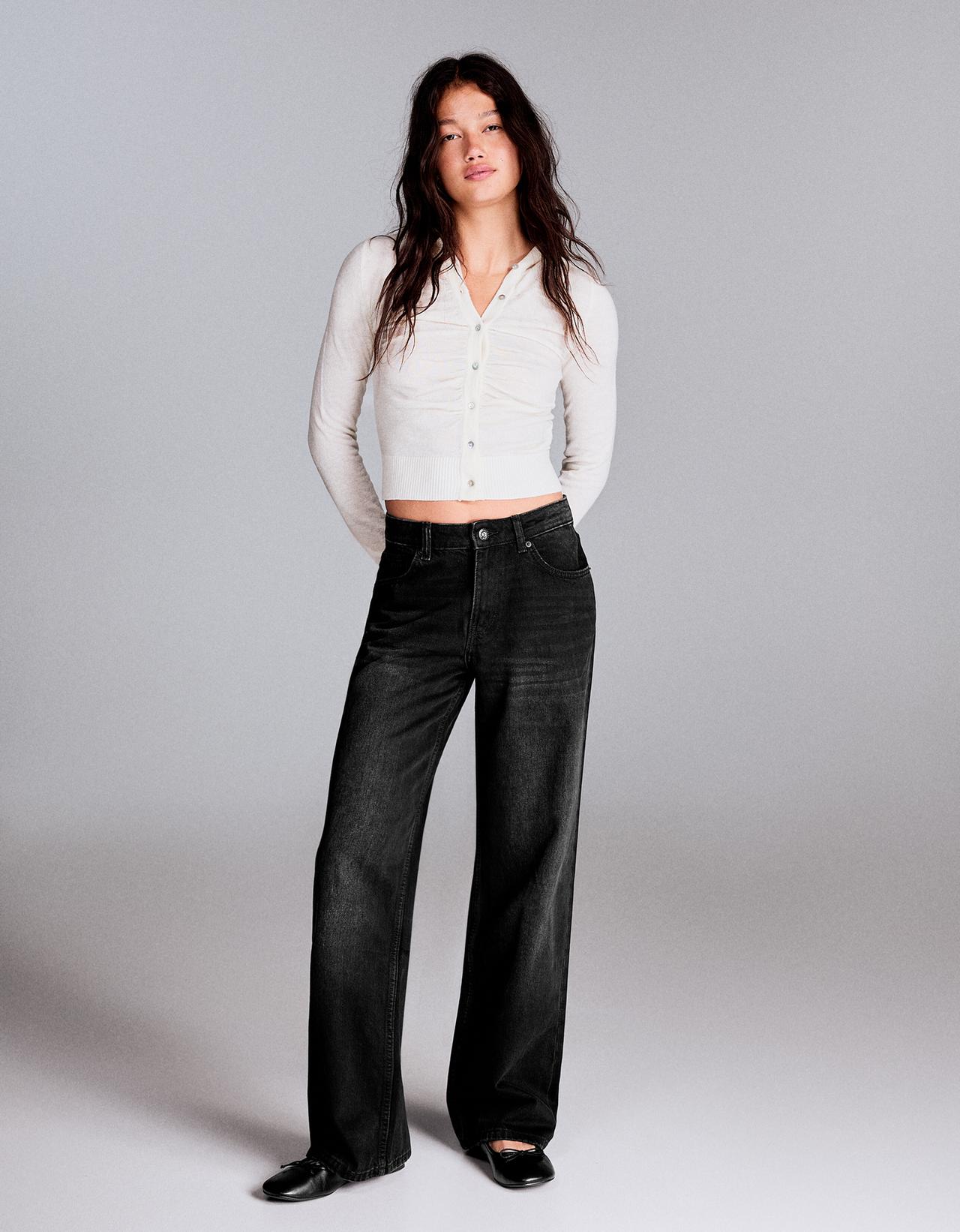 High-waist straight wide-leg jeans — Black