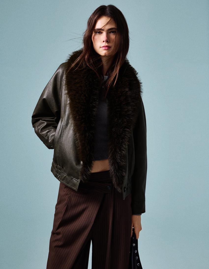 Blouson similicuir col fourrure-Marron