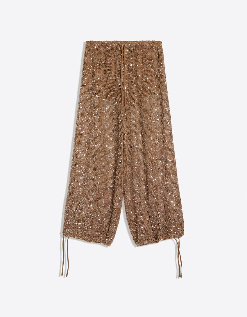 Sequinned drop crotch pants-Camel