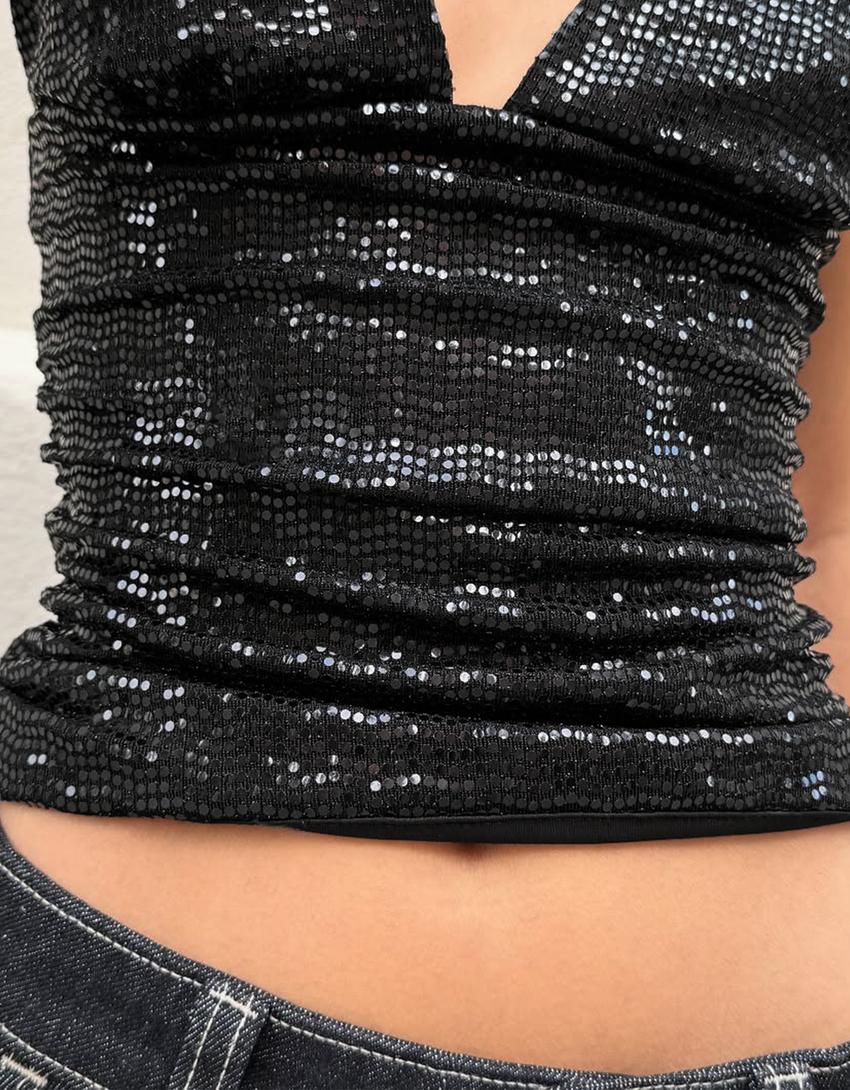 Top aderente arricciato lucido-Nero