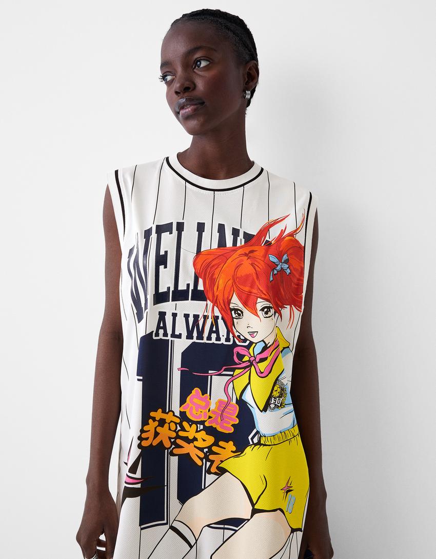 فستان قصير بطبعة رياضية وبدون أكمام-أبيض مطفي-2