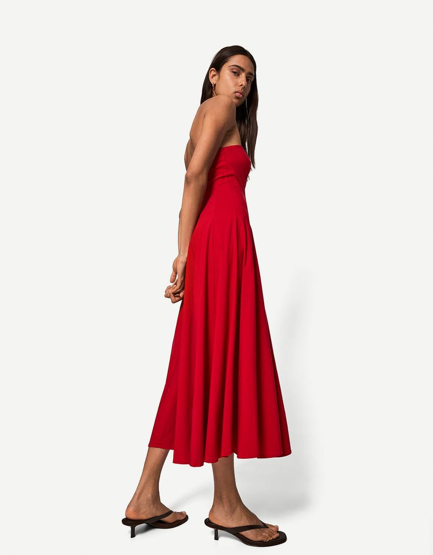 Bandeau neckline midi dress-Red-1