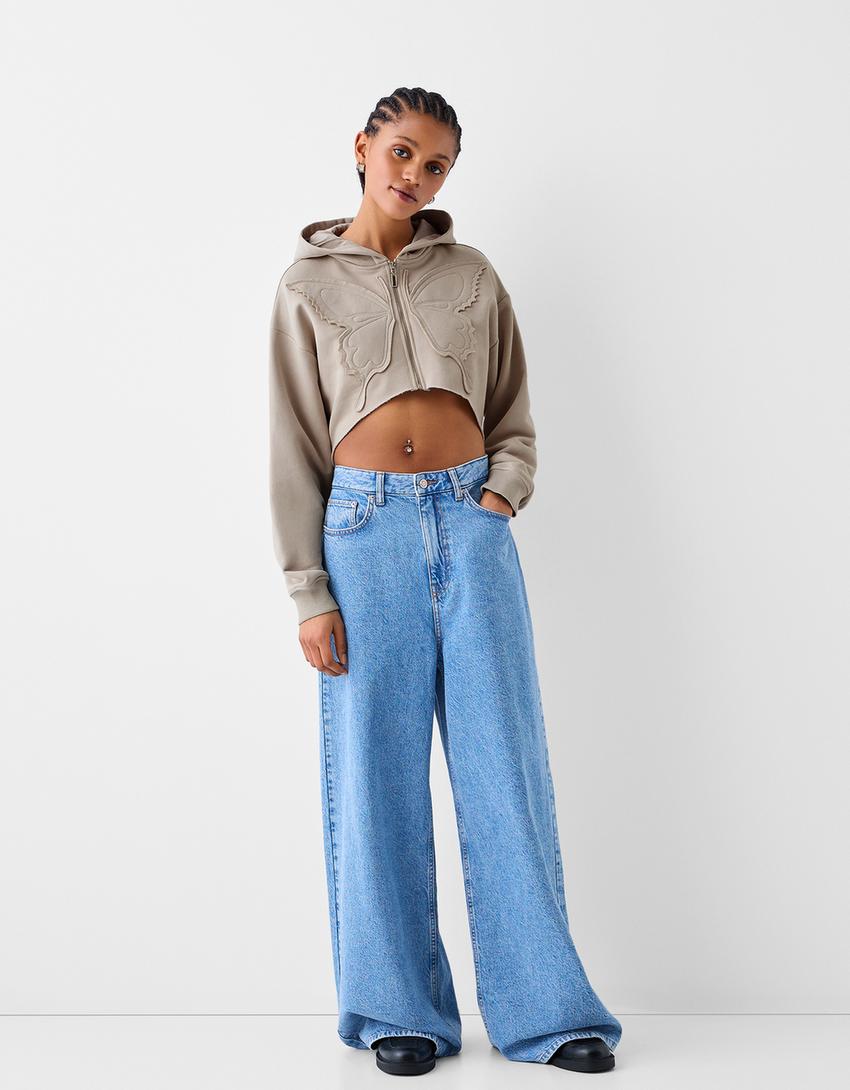 İşlemeli pamuklu kapüşonlu ceket-Gri-3