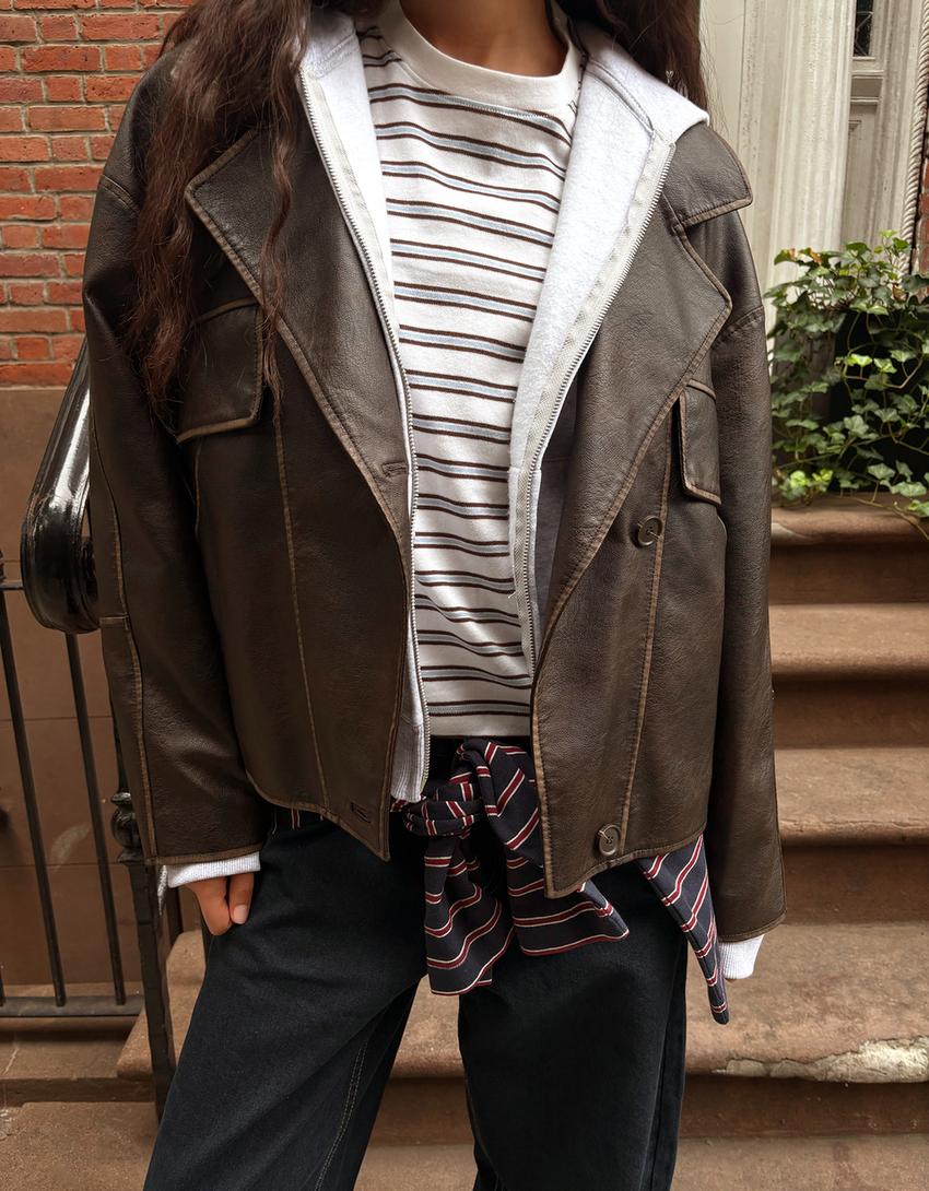 Leather effect jacket with lapel collar-Brown