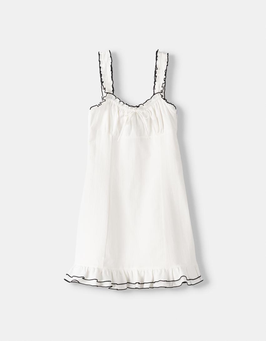 فستان قصير بكشكش وتأثير مجعد-أبيض مطفي-5