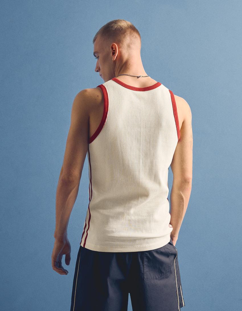 Contrast retro ribbed strappy T-shirt-Off white