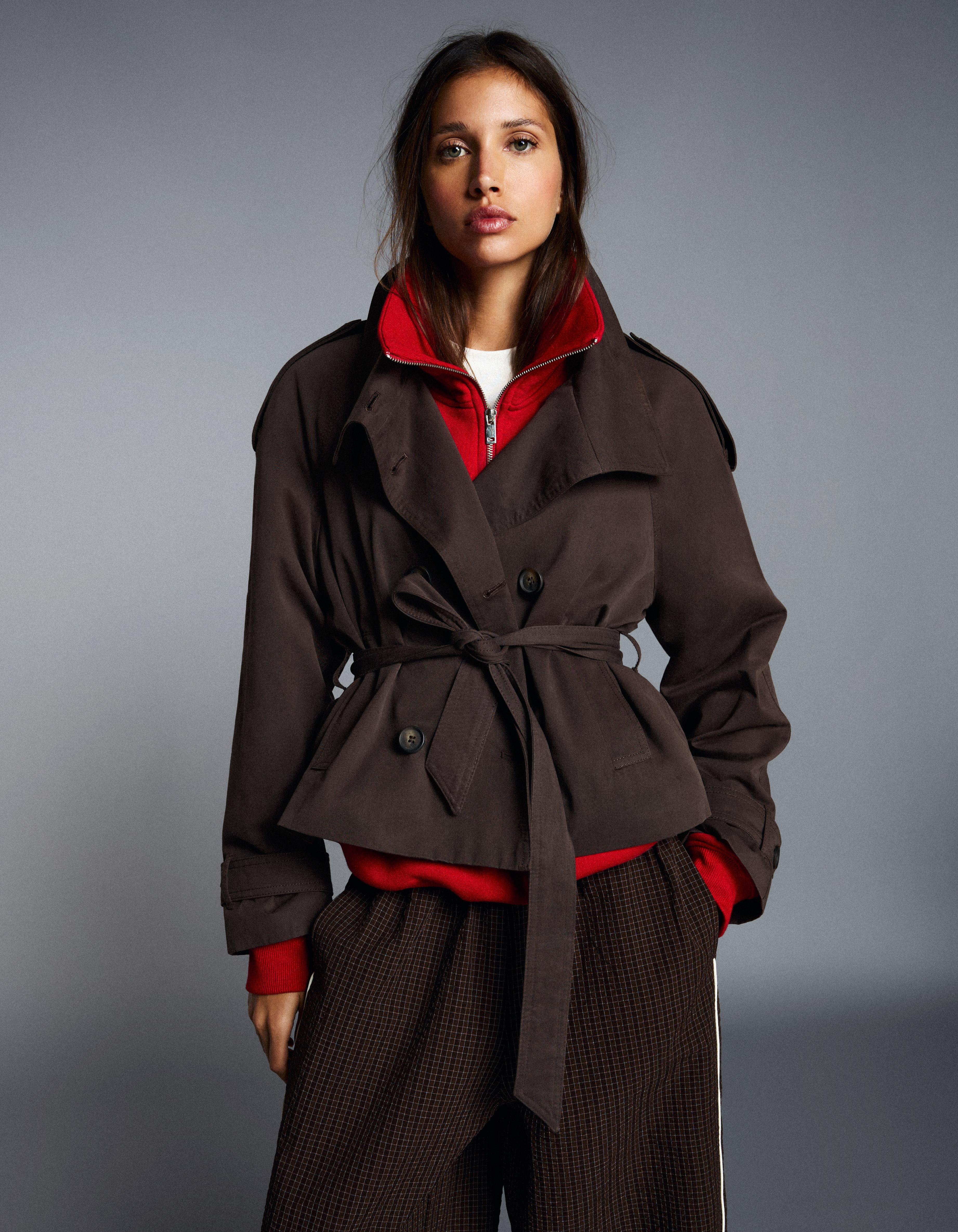 Bershka Cazadora Trench Cuello Funnel Mujer L Marrón