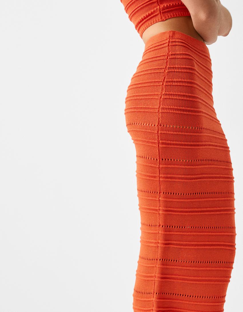 Jupe midi rustique ajours-Corail-3