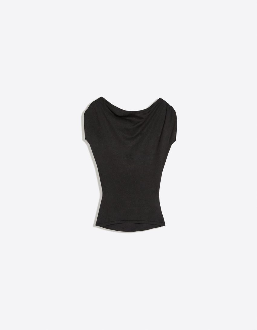 Kurzarm-Pullover mit Knöpfen-Schwarz