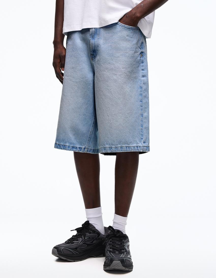 Baggy denim Bermuda shorts-Light blue