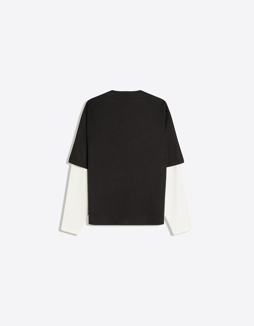 Embroidered double sleeve boxy shirt-Black