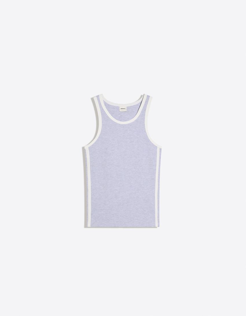 Contrast retro ribbed strappy T-shirt-Grey