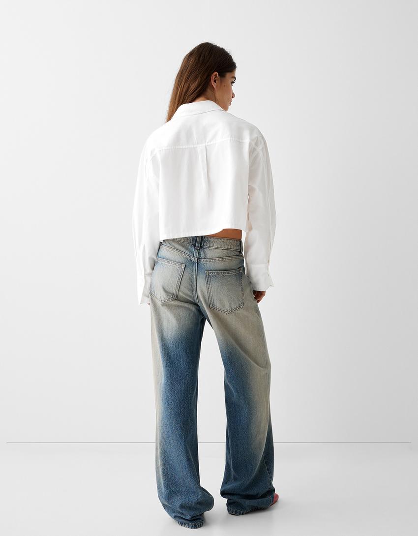 Long sleeve cropped poplin shirt with pocket-White