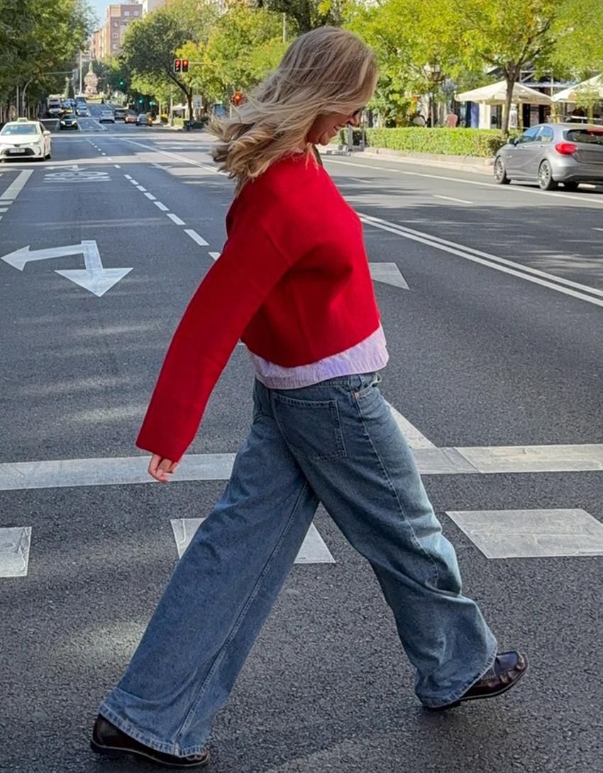 Oversize sweater with ribbed hem-Red