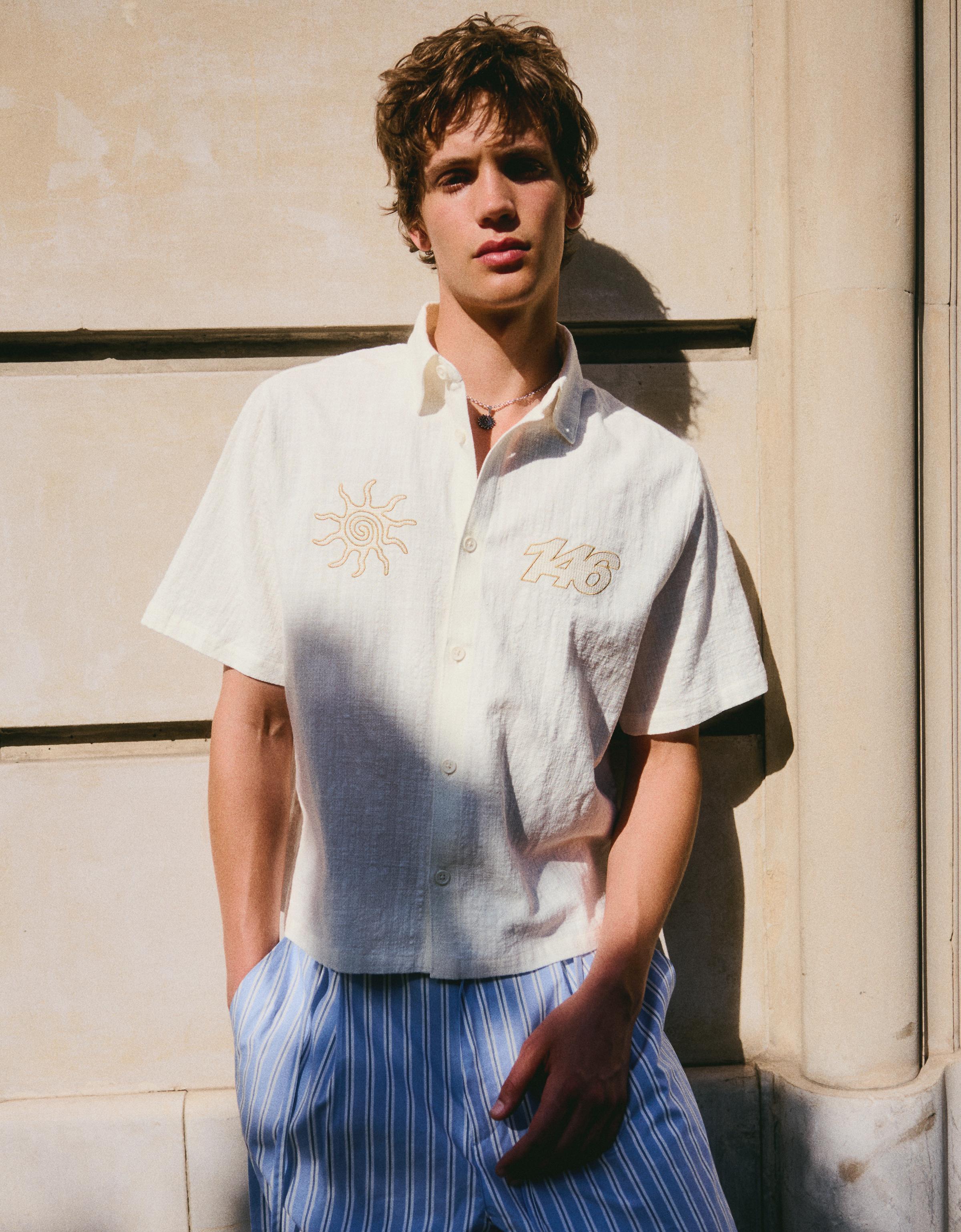 Chemise Manches Courtes Boxy Fit Brodée Xs Blanc