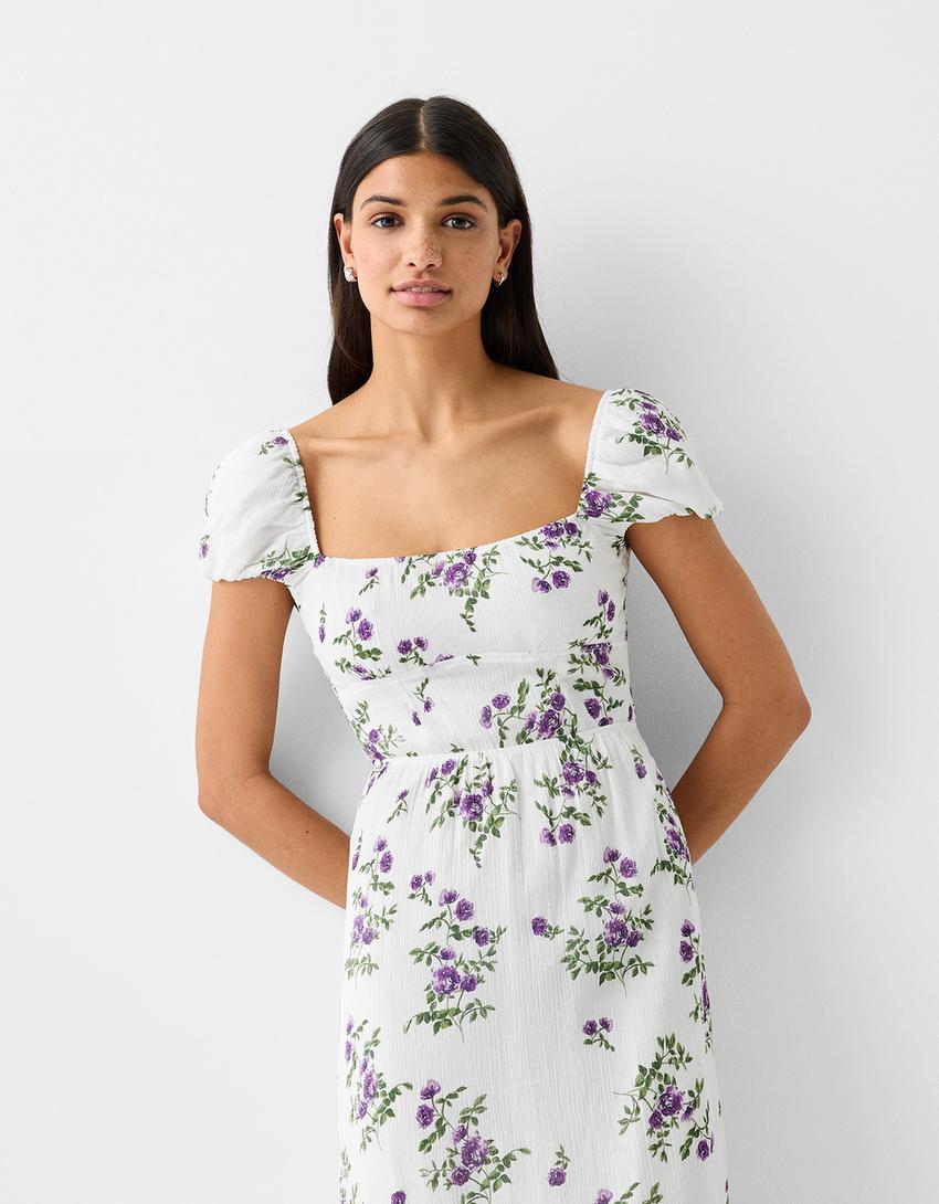 Textured floral print short sleeve midi dress-White-1