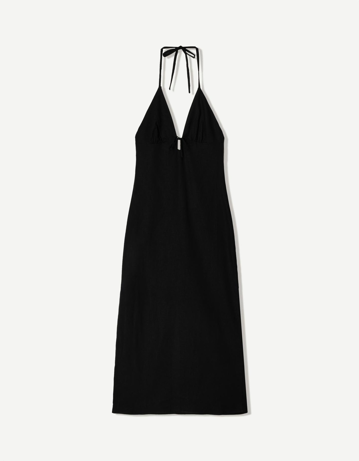 Bershka sukienka średniej długości z mieszanki lnu z dekoltem halter i wiązaniem czarny