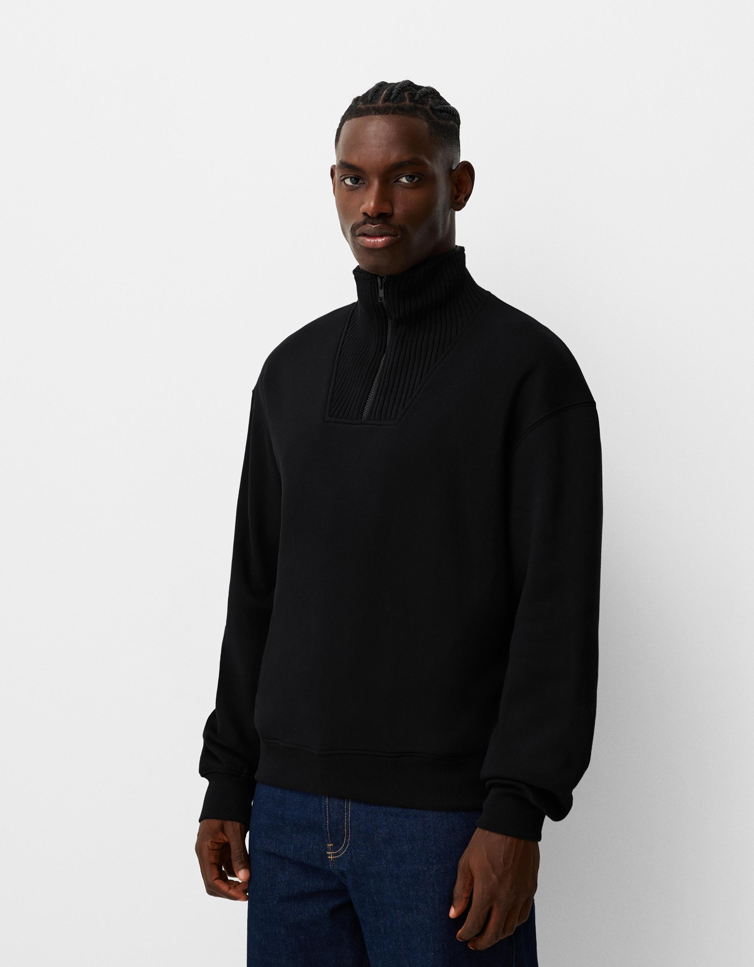 Bershka Sweatshirt Mit Reißverschluss Und Patentmuster Herren S Schwarz