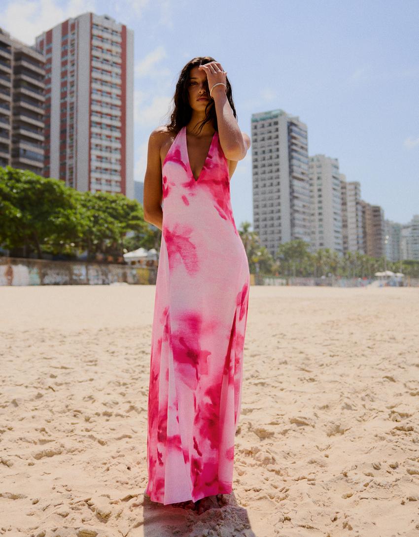 Vestido midi halter estampado-Fucsia