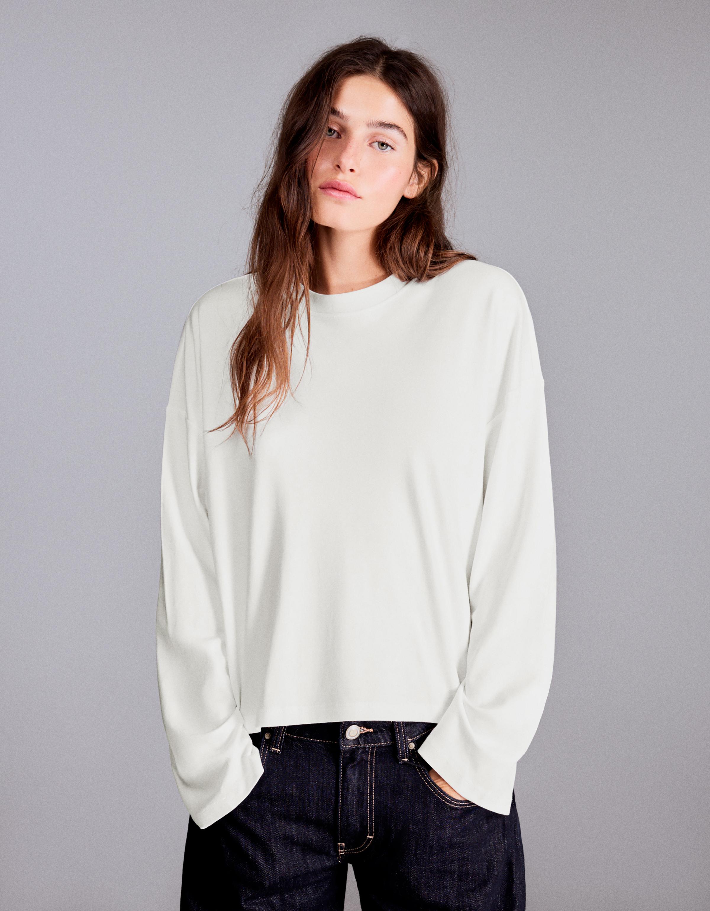 Bershka Koszulka Z Długim Rękawem Boxy Kobieta Biały Złamany